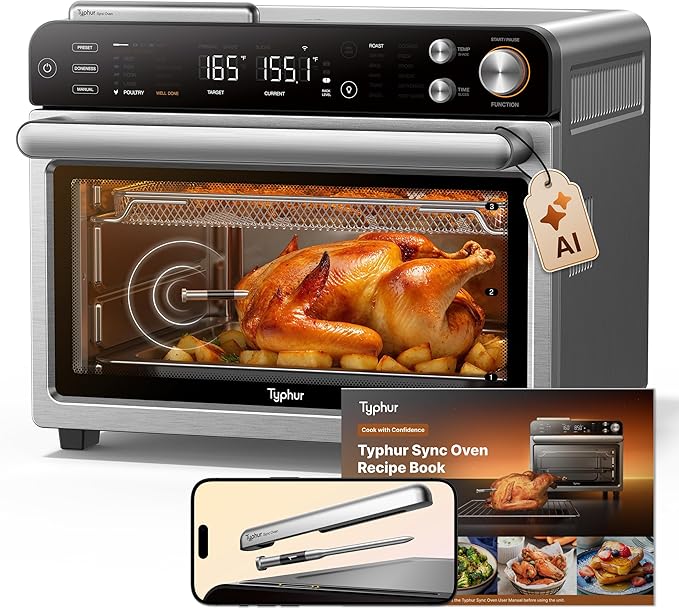 Typhur Sync Oven with Smart AI Wireless Meat Thermometer Probe, 12‑in‑1 Countertop Air Fryer Toaster Oven Combo, 360° Turbo Convection, Dehydrator, Recipe & 5 Accessories, Large 27QT, Stainless Steel