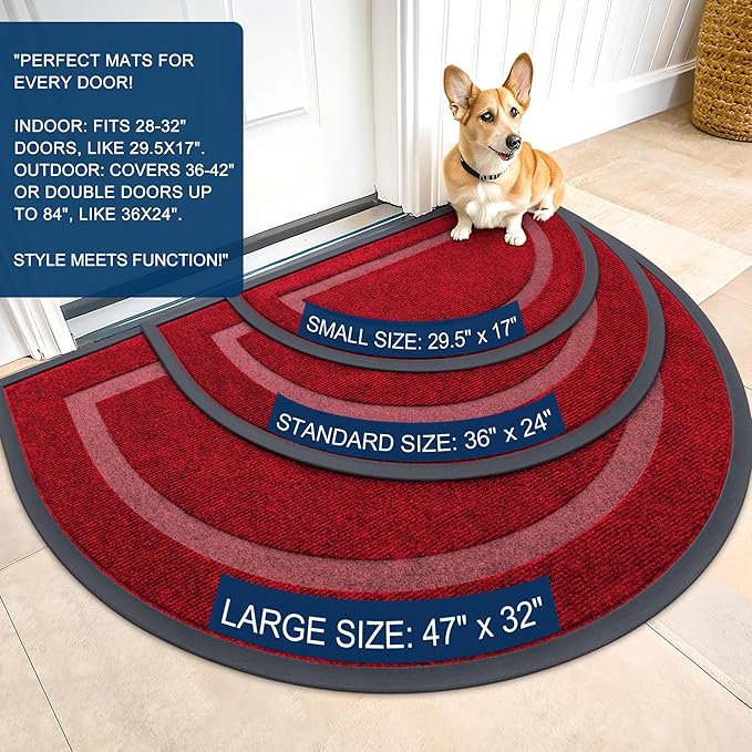 OLANLY Half Circle Door Mat Indoor Outdoor Entrance Welcome, Waterproof All-Season, All-Weather Doormat, Sturdy Natural Rubber, Low Profile, Easy Clean Patio Porch Entryway Mat, 59x34, Win Red