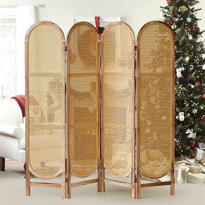 Room Divider and Folding Privacy Screen 5.6 Ft Rattan Room Divider with Double Hinges, Foldable Wood Partition Screen, Freestanding Wall Divider for Room Separation Home - 4 Panel Natural