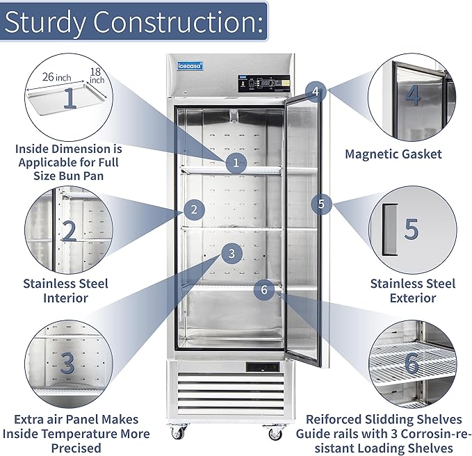 ICECASA 27" W Commercial Refrigerator Reach-in 23 Cu.ft Single Solid Door Stainless Steel Commercial Refrigerator Fan Cooling for Restuarant, Bar, Shop, etc