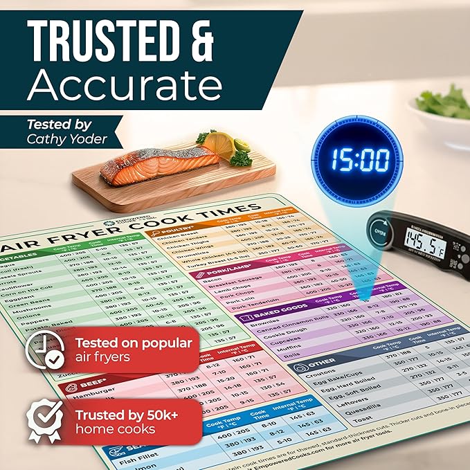 Cathy Yoder's Air Fryer Cheat Sheet Set, Air Fryer Accessories, AirFryer Cooking Guide Magnetic Cheat Sheet, AirFryer Cook Times Chart Magnet, Internal Food Temp for 80+ Popular Foods - Sand