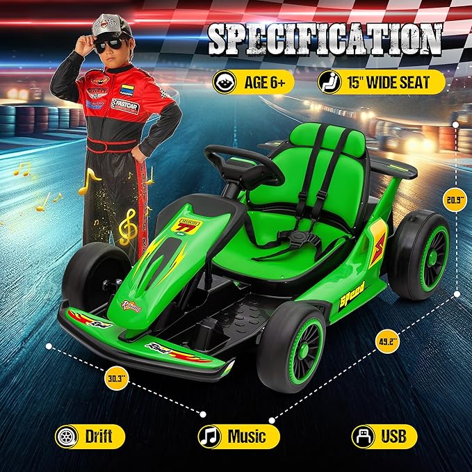 24V Electric Go Kart for Kids, Drift Kart with 400W Motors, EVA Tires, Max Speed 8.1 MPH, Music, Wireless, Electric Drifting Cart Outdoor Ride on Toy for Kids Ages 6+ (Green)