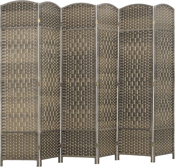 HOMCOM 6 Panel Room Divider, 6' Tall Folding Privacy Screen, Woven Freestanding Wall Partition for Home Office, Bedroom, Dark Rustic Oak