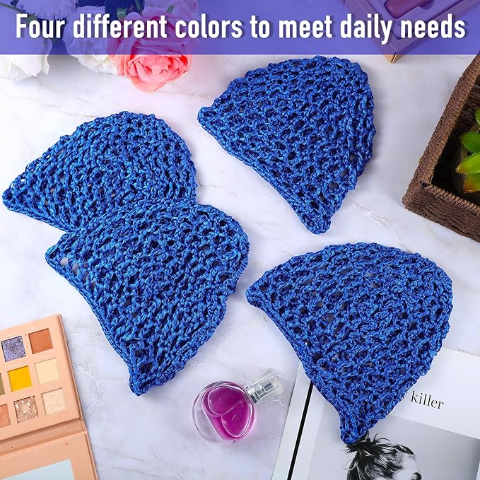 Geyoga 4 Pieces Mesh Crochet Hair Net Rayon Knit Snood Hat Thick Short Women Hairnet Snoods Cover Ornament for Sleeping (Blue)
