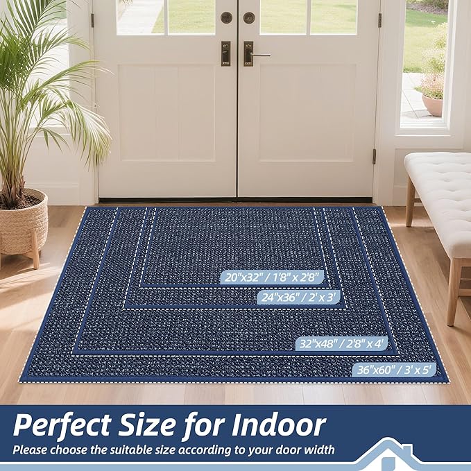 BEQHAUSE Dirt Trapper Door Mat 20" x 32", Non-Slip Washable Doormats Entrance Mat, Dirt Resistant and Absorbent Welcome Mat, Low Profile Floor Mats for Front Back Door and Entryway, Blue