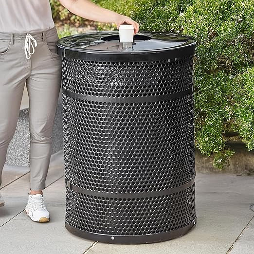 55 Gallon Perforated Recycle Container with Flat Lid, Steel Outdoor Heavy-Duty Commercial Trash Can, Black Round Waste Bin, Durable Garbage Can for Municipalities, Schools, Parks, Parking