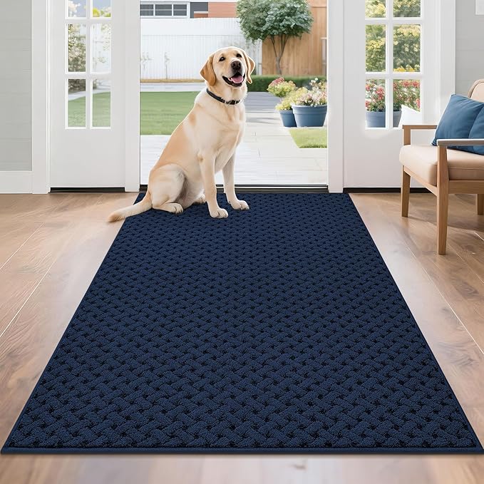 BEQHAUSE Dirt Trapper Door Mat Non-Slip Entryway Rugs Stain Resistant Absorbent Dog Doormats Woven-Look Washable Welcome Floor Doormat for Front Back Door, Muddy Wet Shoes & Paws, 36" x 60", Blue