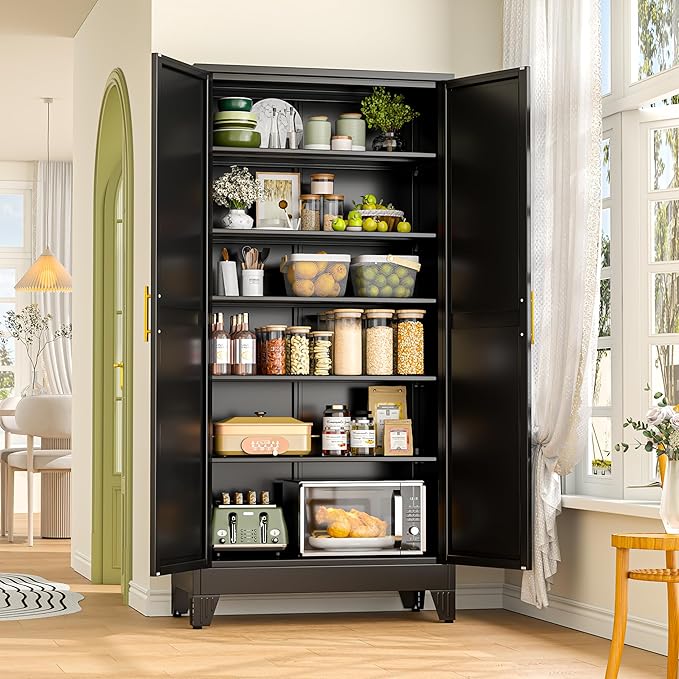 75.2" Tall Metal Storage Cabinet with 2 Doors and 5 Adjustable Shelves, New upgrade Kitchen Pantry Cabinet, Black Freestanding Cupboard, 6 Tier Steel Storage for Office, Kitchen, Dining, Garage