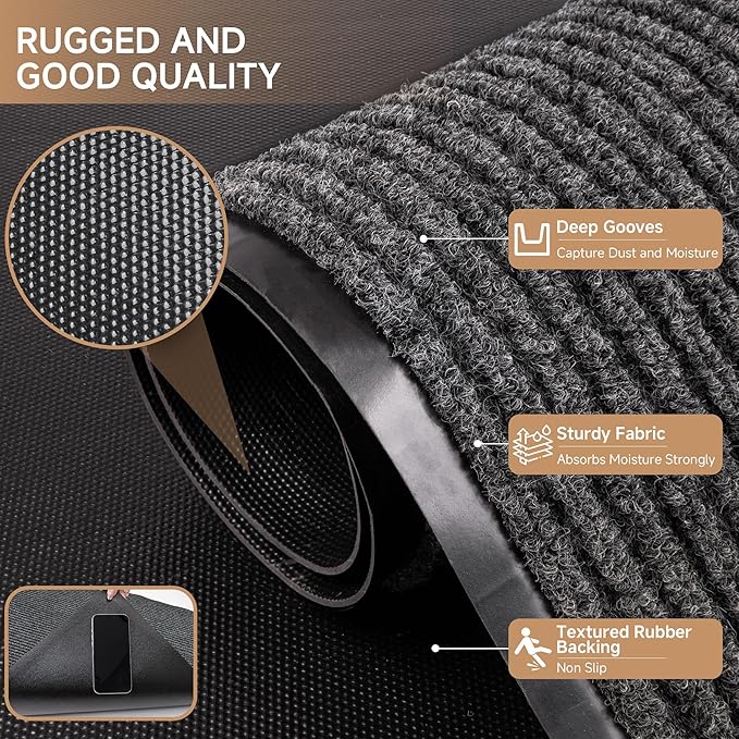 Durable Front Door Mat, Heavy Duty Indoor Outdoor Doormat, 60” x 36” Low Profile Outdoor Mats for Home Entrance, Stain and Fade Resistant Shoe Scraper Mat, Ideal for High Traffic Area