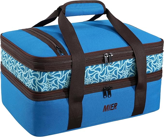 MIER Insulated Double Casserole Carrier Bag Thermal Lunch Tote for Lasagna Lugger, Potluck Parties, Picnic, Beach, Fits 9 x 13 Inches Baking Dish, Casserole Dish, Expandable by Mid Zipper, Blue