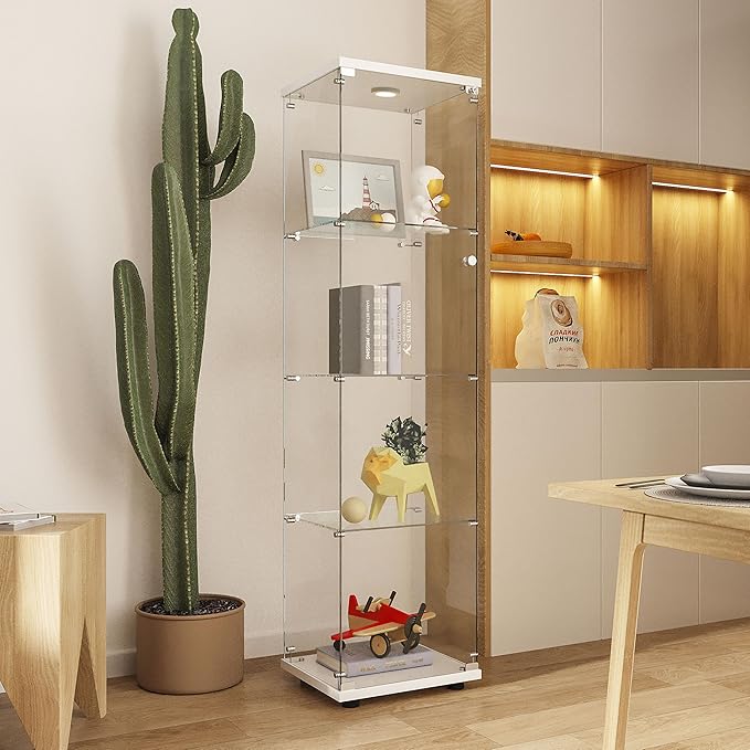 Yoluckea 4 Tiers Glass Display Cabinet with Paipai Light, 1 Door Floor Standing Curio Cabinet with Adjustable Floor Feet for Home Office Corner Display, White Glass Bookshelf for Collections and Decor