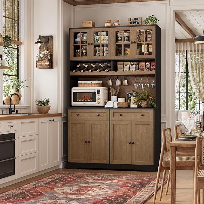 HOSTACK 75.4" Tall Kitchen Pantry Cabinet with Charging Station, Modern White Kitchen Hutch with Microwave Stand and Wine Rack, Large Food Pantry Storage Cabinet with Glass Doors and Drawers, Brown