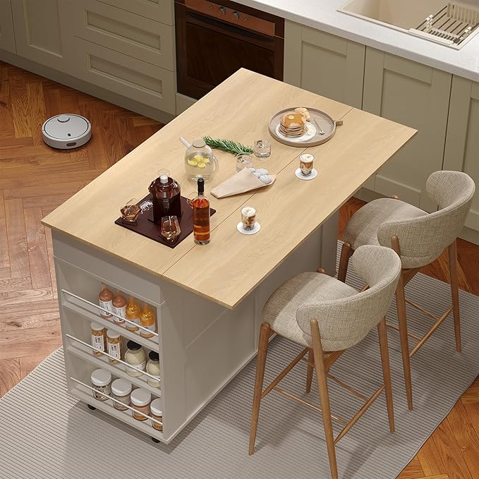 47.2 in Mobile Kitchen Island with Drop Leaf Countertop, Charging Station & Ample Storage, Rolling Kitchen Cart on Wheels with Pull-Out Shelves, Drawers, Spice Rack & Organizer Divider (White-1)