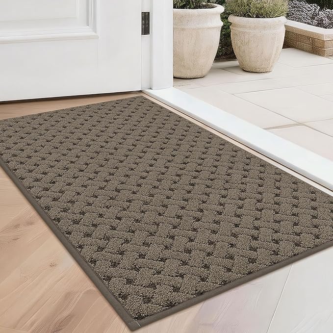 BEQHAUSE Dirt Trapper Door Mat Non-Slip Entryway Rugs Stain Resistant Absorbent Dog Doormats Woven-Look Washable Welcome Floor Doormat for Front Back Door, Muddy Wet Shoes & Paws, 20" x 32", Brown