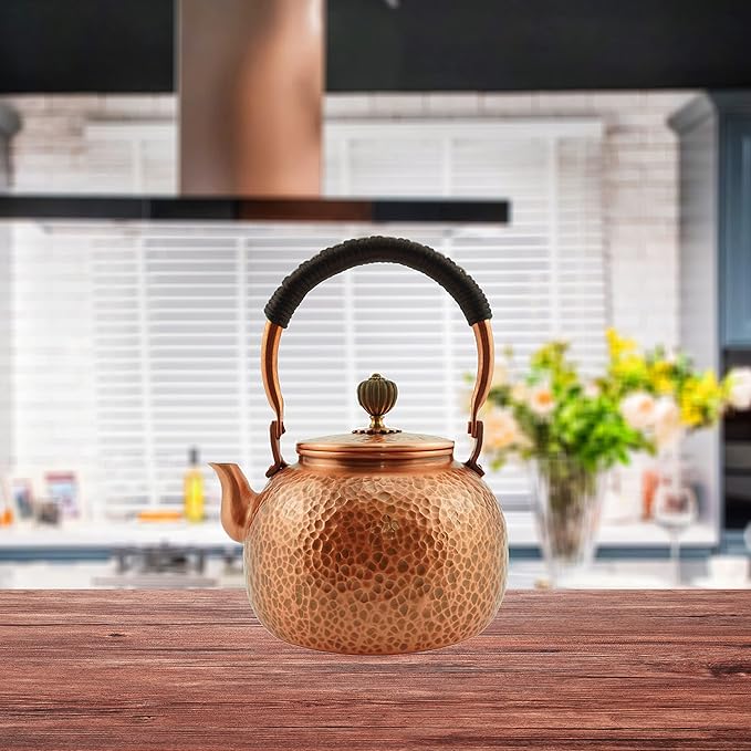Funmaker Handmade Solid Copper Tea Pot Kettle Stovetop Teapot Thick Hammered Copper Tea Pot Kettle Stovetop Teapot Made for gasstove tops pure copper kettle (Type 1-600ml)