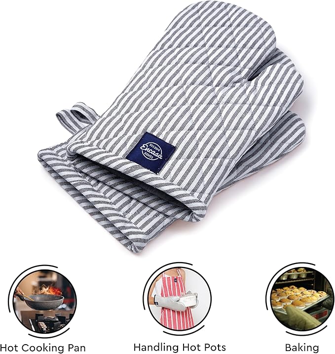 Encasa XO Long 12"x7" Oven Microwave Hand Gloves Mitts (2 pc Set) for Kitchen Cooking & Baking - Heat Resistant, Thick & Safe, Protection of Hands from Hot Utensils - Ticking Navy Blue