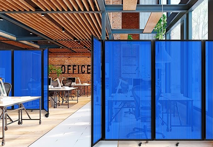 Versare Polycarbonate Room Divider 360 Portable Wall Partition | Freestanding Office Dividers | Locking Wheels | Privacy Screen Panels - 14' x 7'6" Blue Thermoplastic Polymer