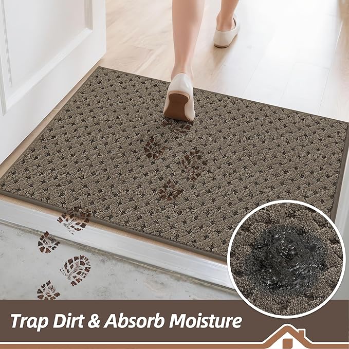 BEQHAUSE Dirt Trapper Door Mat Non-Slip Entryway Rugs Stain Resistant Absorbent Dog Doormats Woven-Look Washable Welcome Floor Doormat for Front Back Door, Muddy Wet Shoes & Paws, 20" x 32", Brown