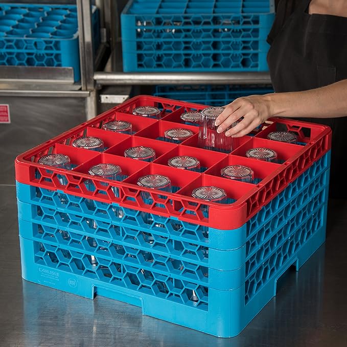 CFS RG16-4C410 OptiClean 16 Compartment Glass Rack with 4 Extenders, 10.3", Polypropylene, Red/CFS Blue