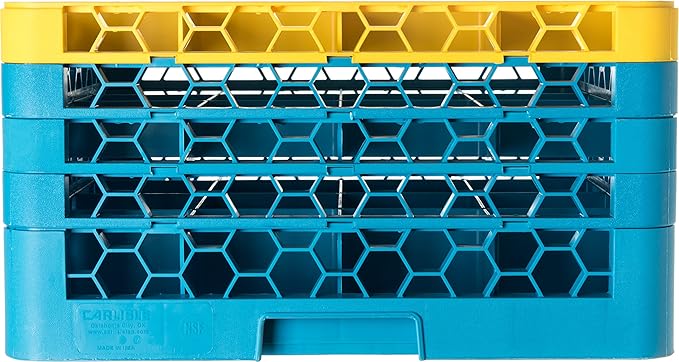 CFS RG16-4C411 OptiClean 16 Compartment Glass Rack with 4 Extenders, 10.3", Polypropylene, Yellow/CFS Blue
