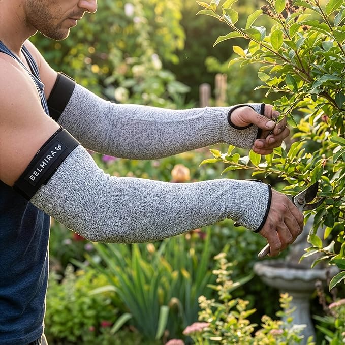 Belmira Cut Resistant Sleeves with Thumb Hole - ANSI A4 Arm Protectors for Thin Skin and bruising, Thorn Proof Gardening Sleeves for Men & Women With Adjustable Fit (1 Pair, 18", Grey)