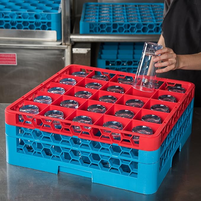 CFS RG25-2C410 OptiClean 25 Compartment Glass Rack with 2 Extenders, 7.12", Polypropylene, Red/CFS Blue