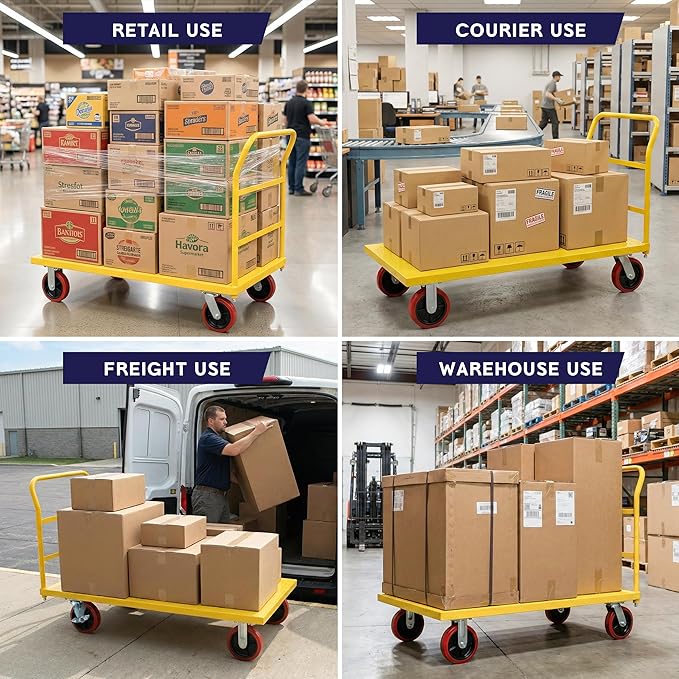 Platform Cart Industrial Dolly Cart 3300LB Heavy Duty 60” x 30” Platform Hand Truck Push Cart Super Heavy Duty Diamond Plate Commercial Flatbed Cart with 8'' Moving Swivel Wheels (Yellow)