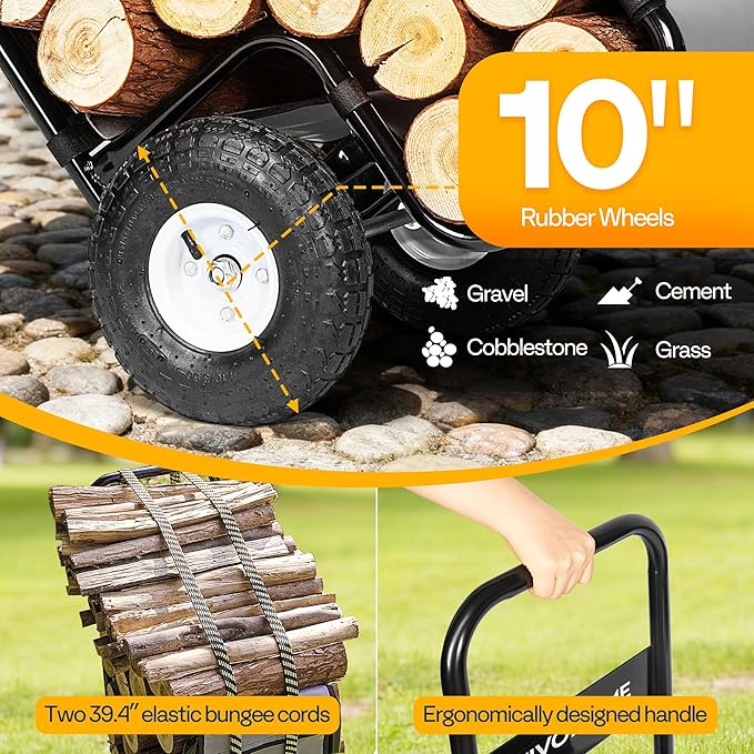 VIVOHOME Large Firewood Cart with Cover and 600D Oxford Cloth, 250 LB Capacity Heavy Duty Steel Log Carrier Dolly Hauler, Rolling Wood Rack Storage Mover for Easy Transport Indoor Outdoor Use