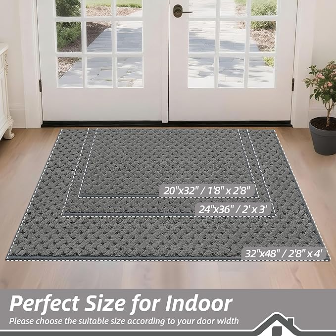 BEQHAUSE Dirt Trapper Door Mat Non-Slip Entryway Rugs Stain Resistant Absorbent Dog Doormats Woven-Look Washable Welcome Floor Doormat for Front Back Door, Muddy Wet Shoes & Paws, 24" x 36", Grey
