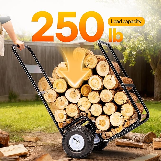 VIVOHOME Large Firewood Cart with Cover and 600D Oxford Cloth, 250 LB Capacity Heavy Duty Steel Log Carrier Dolly Hauler, Rolling Wood Rack Storage Mover for Easy Transport Indoor Outdoor Use