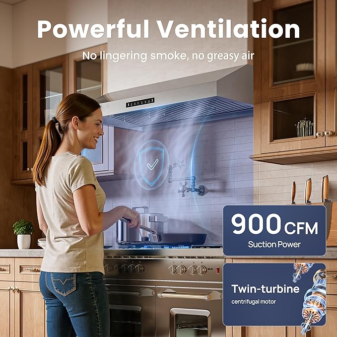 Range hood 36 inch,Stove Hood with Dual Motor 900 CFM,Vent Hood with 1.5 Sones Whisper-Quiet,Kitchen Exhaust Range Hood for Large Kitchen,GU10 LED Lights & Full-Sealed Cavity