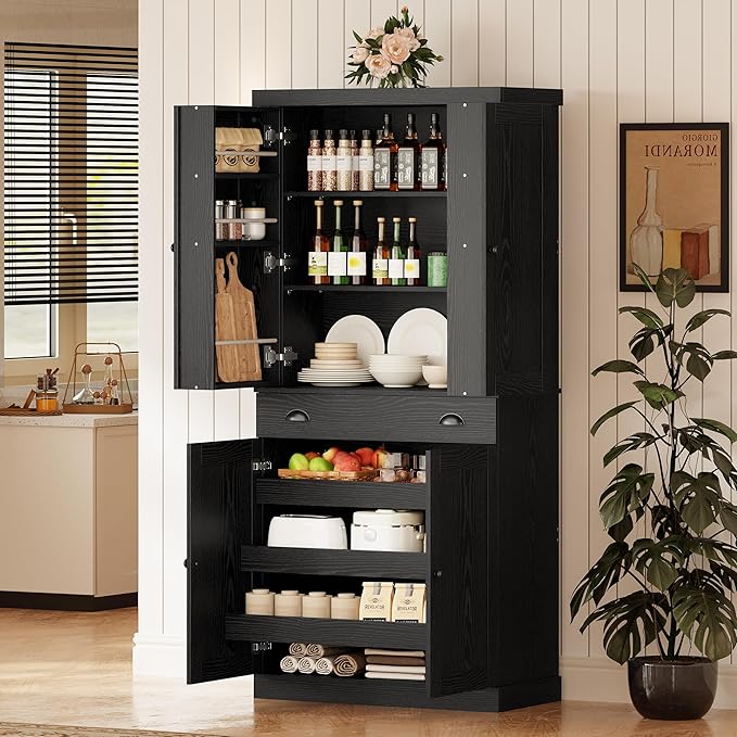 IRONCK Kitchen Pantry Cabinet 72" Height, Freestanding Cupboard with Drawer, Sliding Storage Rack, and 6 Hanging Shelves for Dining Room, Laundry, Living Room, Black