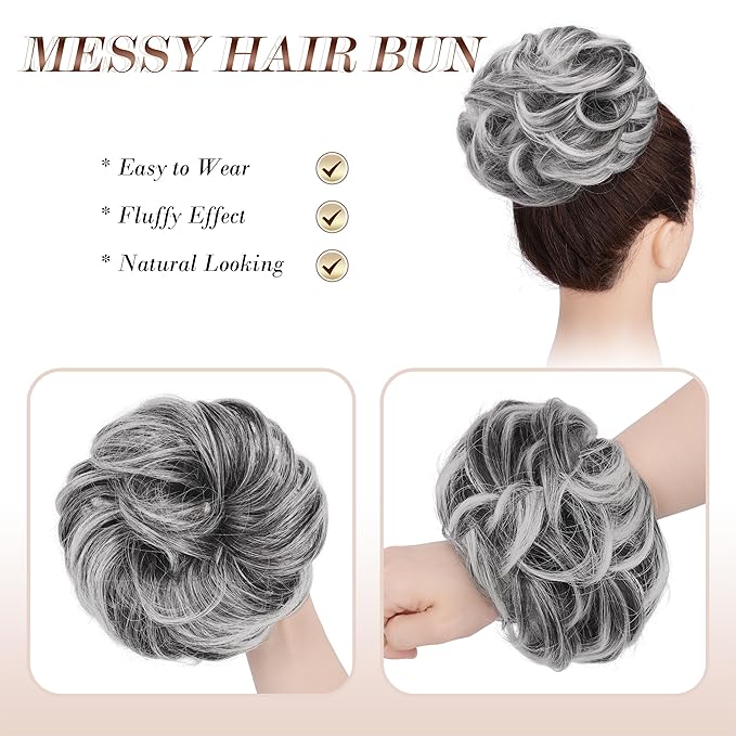 FESHFEN Large Messy Bun Hair Piece - Wavy Synthetic Chignon Scrunchies Elastic Ponytail Hair Extensions Thick Hairpieces for Women, Black with White Tips 1.94oz