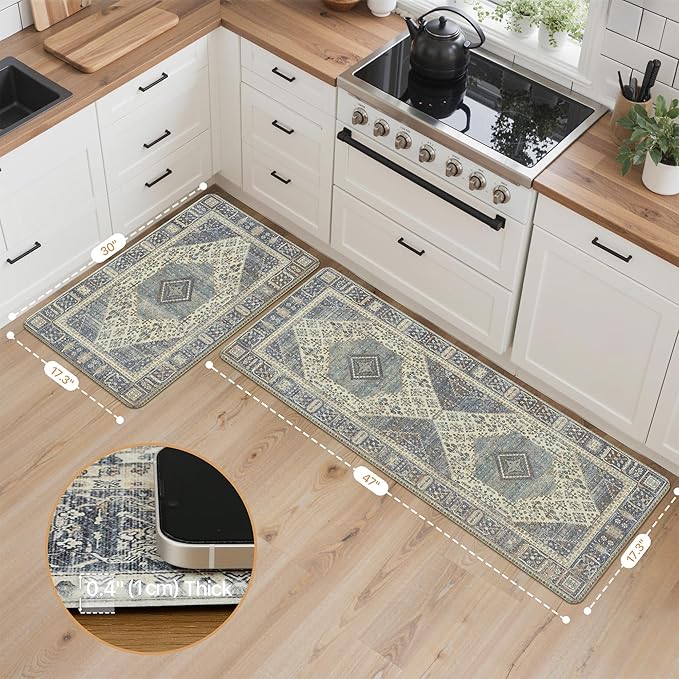 GENIMO Kitchen Mats for Floor 2PCs, Washable Anti Fatigue Mat for Cushioned, 17.3"x47"+17.3"x30", Waterproof Kitchen Rugs, Non Slip Comfort Standing Mat Rug for Home, Sink, Laundry, Vintage Blue