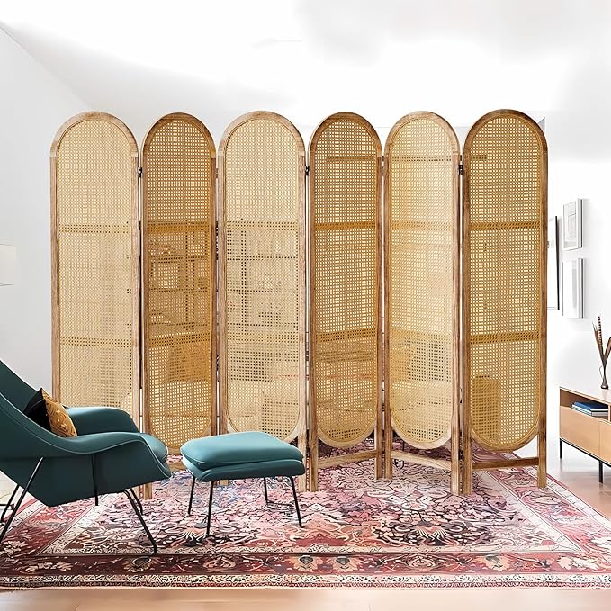 6 Panel Room Divider, 5.6 Ft Foldable Wood Room Divider Screen, Hand-Woven Rattan Folding Privacy Screens with Double Hinges, Wall Divider for Room Separation Bedroom Home Office - Natural