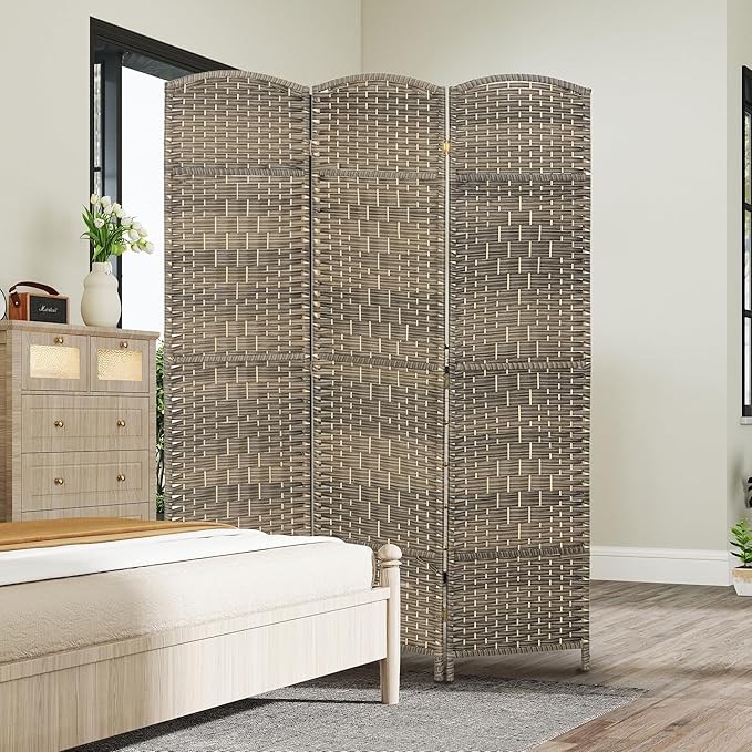 HOMCOM 3 Panel Room Divider, 6' Tall Folding Privacy Screen, Woven Freestanding Wall Partition for Home Office, Bedroom, Dark Rustic Oak