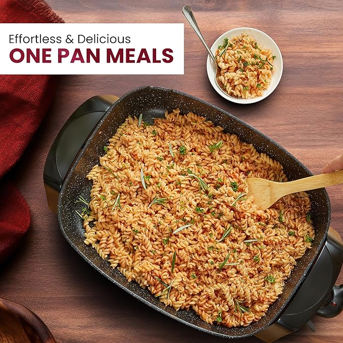 Elite Gourmet EG-6203# Extra Deep 16"x13"x3.2" (10.5Qt.) Scratch Resistant, Easy Pour Spout Dishwasher Safe, Non-stick Electric Skillet with Glass Vented Lid, Adjustable Temperature, Black