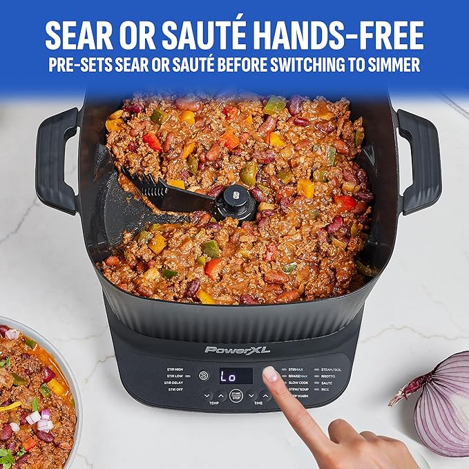 STIRMAX PLUS 7.5 Quart Digital Multi-Cooker with Automatic Paddle to Stir and Shred, 9 in 1 programmable presets to Sauté, Sear, and Brown Food Before Simmering – Accessories & Cookbook Included