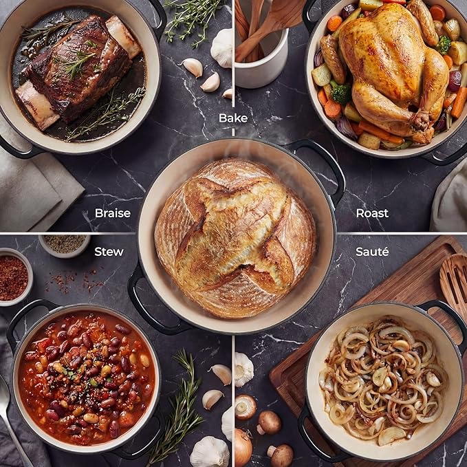 Zulay Kitchen 6 Quart Enameled Cast Iron Dutch Oven Pot with Lid – Premium Durability & Oven Safe up to 500°F – Heavy Duty Cookware Perfect for Bread Baking, Stews, Braising & Roasting – Black