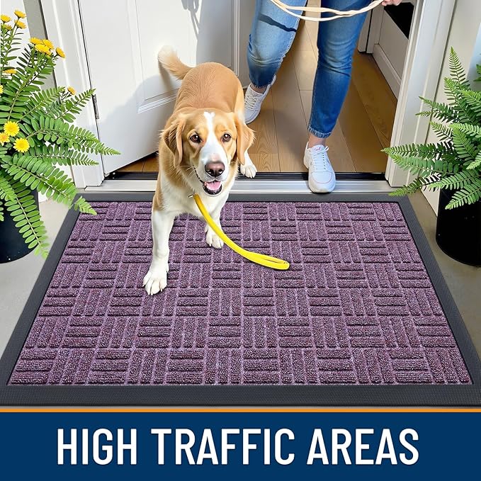OLANLY Front Door Mat Outside Entrance 47x32, Absorbent, Heavy Duty Sturdy Natural Rubber Doormat Indoor Outdoor, Non-Slip, Stain and Fade Resistant, Low Profile Floor Mat for Entryway, Violet