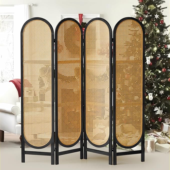 4 Panel Room Divider, Hand-Woven Rattan Room Divider Screen, Folding Privacy Screens with Double Hinges, Wooden Freestanding Wall Divider for Room Separation Bedroom Home Office - Black