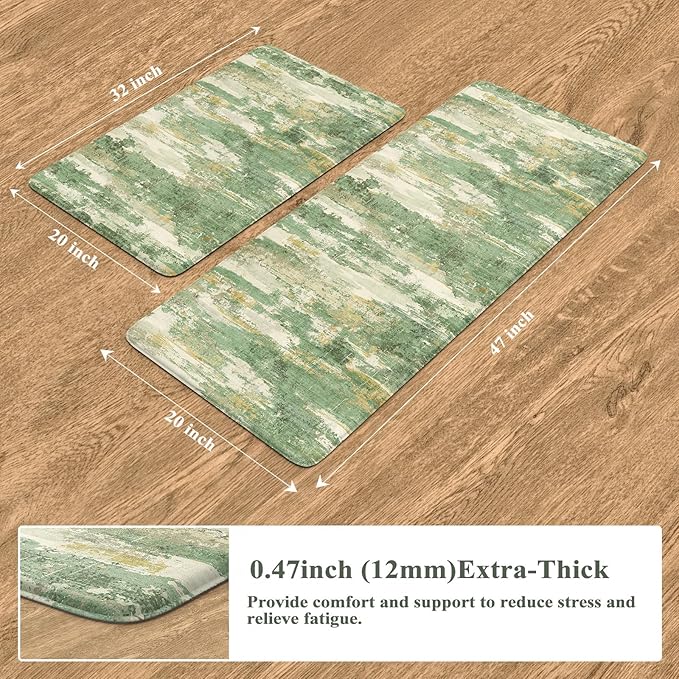 Collive Kitchen Mats for Floor Anti Fatigue, Green Abstract Non Skid Kitchens Sink Rug 2 Piece Waterproof, Memory Foam Comfort Standing Mat for Laundry, Desk, Home Office, 20" x 47" + 20" x 32"