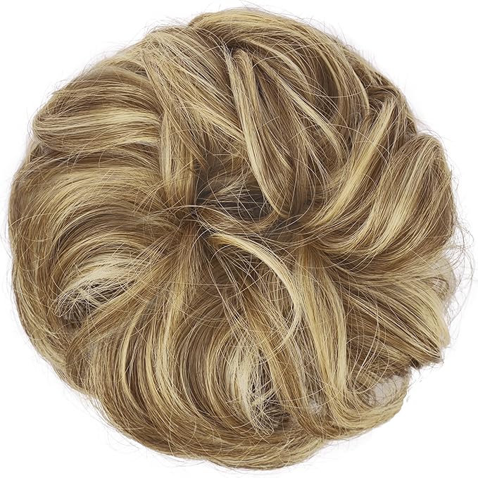 FESHFEN Large Messy Bun Hair Piece - Wavy Synthetic Chignon Scrunchies Elastic Ponytail Hair Extensions Thick Hairpieces for Women, Sand 1.94oz