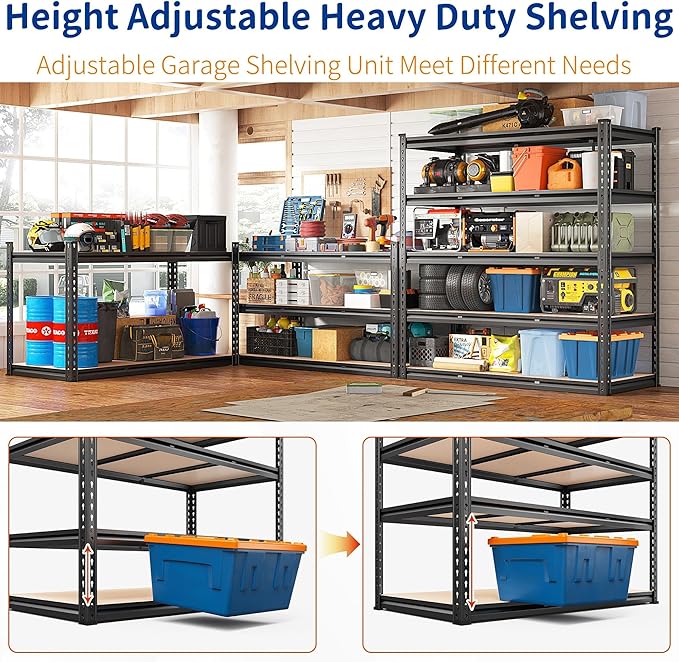 REIBII 48" W Garage Shelving 3020LBS Storage Shelves 5 Tier Industrial Shelving Adjustable Metal Storage Shelves for Garage, Basement, Warehouse, Commercial, Easy Assemble, 48" W x 72" H x 24" D, 2PC