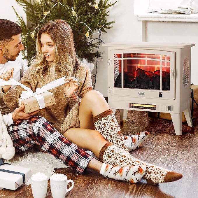 TURBRO Suburbs 25" WiFi Electric Fireplace Infrared Heater with Crackling Sound, Freestanding Fireplace Stove with Adjustable Flame Effects, Overheating Protection, Timer, Remote Control 1400W, Ivory