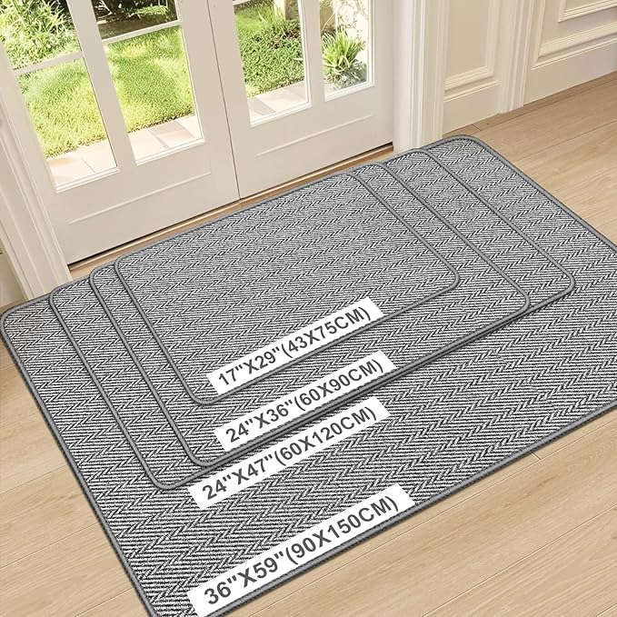 Ultra Thin Door Mat Indoor Entrance 24"x47", Low-Profile Indoor Door Mat, Non Slip Entry Mat Rubber Backing Unique Herringbone Design Inside Doormat Dirt Trapper Entryway Mats, Grey