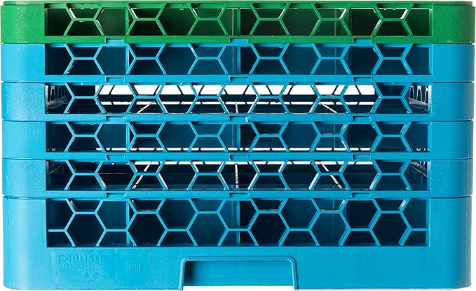 CFS RG16-5C413 OptiClean 16 Compartment Glass Rack with 5 Extenders, 11.9", Polypropylene, green/CFS Blue