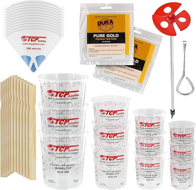 Pouring Masters Paint Mixing Cup Kit - 12 Plastic Paint Cups (3 of Each Size 12, 24, 44, 72 Ounce), Sticks, Strainers, Tack Cloths, Mixer Blade & Can Opener - Epoxy Resin Mixing Cups for Measuring