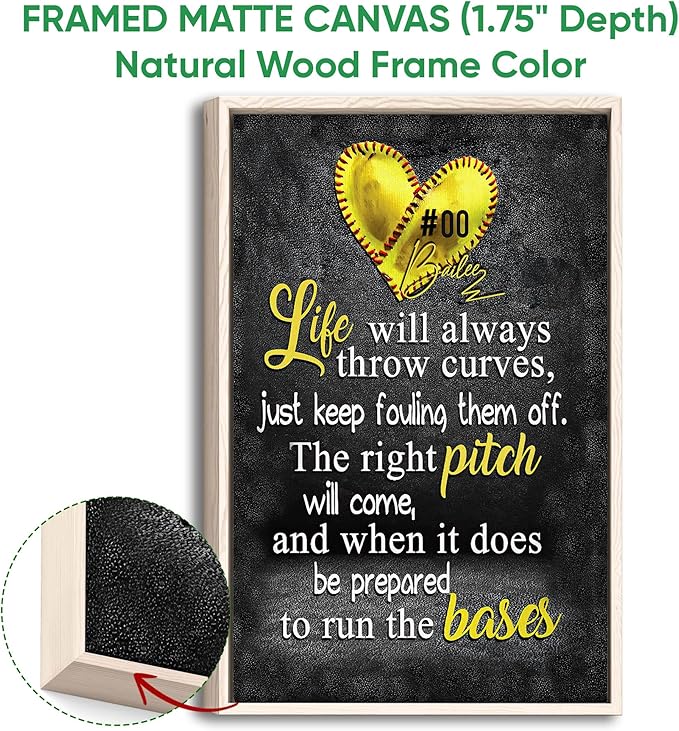 Custom Softball Life Is Always Throw Curves Gift For Pitcher Girl Personalized Name Number Poster & Framed Canvas, Wall Art Home Office Decoration Living Room Bedroom Aesthetic Decor