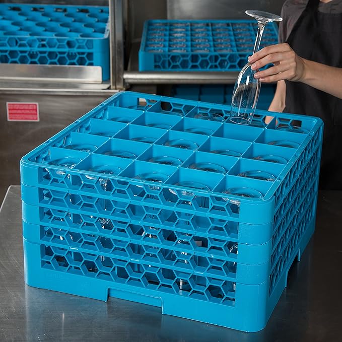 Carlisle FoodService Products RG25-414 OptiClean 25 Compartment Glass Rack with 4 Extenders, 3-1/2" Compartments, Blue (Pack of 2)